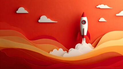 Papercraft rocket launching into the sky as a concept for startup business and success.