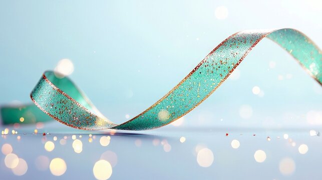 A close-up, shallow depth of field shot of a teal ribbon with gold glitter accents, curving gracefully across a soft blue surface. Out-of-focus bokeh lights cre
