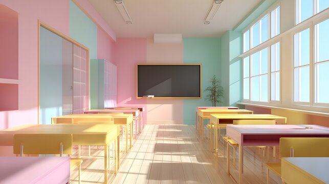 Pastel Colored Empty School Classroom with Sunlight and Blackboard.