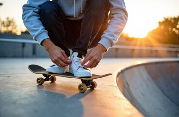 Man tying laces on skateboard at sunset in an urban skatepark during golden hour