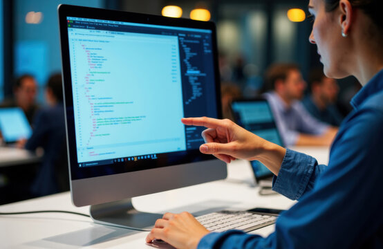 Woman coding at a computer in a busy tech workspace with code on screen