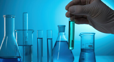 Gloved hand analyzes a test tube in a bright modern science laboratory setting
