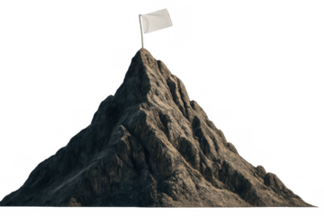 Mountain peak with a white flag on its summit representing conquering goals, leadership, and victory against adversity