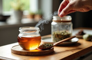 Tea steam curls from a glass cup beside loose leaves and herb jars on a wooden tray