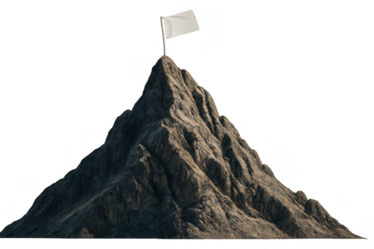 Mountain peak with a white flag on its summit representing conquering goals, leadership, and victory against adversity