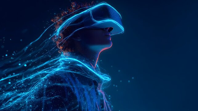 Person wearing a virtual reality headset with glowing blue neon light trails.