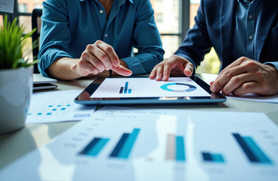 Business professionals review charts on a tablet during a data driven meeting