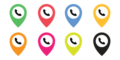 Call Phone Location Pin Icon Set Vector, Contact Address GPS Marker Symbol Collection, Map Navigation Graphic