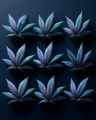 Symmetrical grid of stylized cannabis-leaf shapes on deep matte-black background, under holographic light