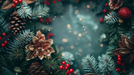 Christmas wreath border with bokeh center and festive decor.