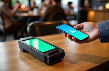 Contactless payment setup with a terminal and smartphone at a bustling café