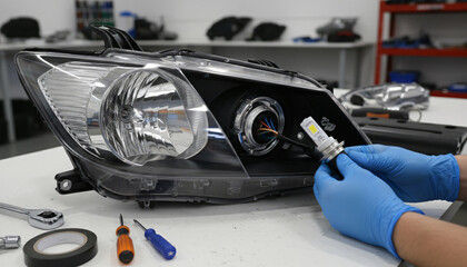 A person is working on a car headlight, replacing the bulb. The scene is set in a workshop with various tools and equipment