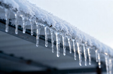 Icicles hanging from a roof in the snow. The icicles are long and thin, and they are hanging from the roof. The image has a cold and wintry mood, and it conveys the idea of the harsh winter weather