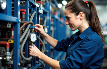 Woman operating industrial controls in a factory setting with a pressure gauge