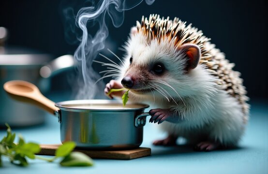 Hedgehog savors a whiff of steam from a small pot in a cozy kitchen setting