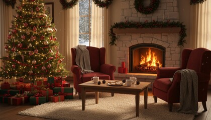 A cozy living room with a red chair and a red chair next to a fireplace. A Christmas tree is in the background