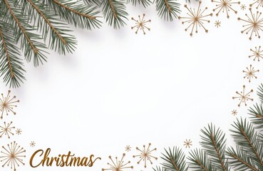Christmas border with pine branches and gold accents leaving central space