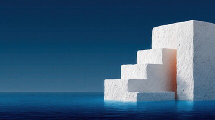 Abstract white geometric stairs emerging from deep blue water under bright sunlight symbolizing progress and challenges.