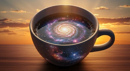 Celestial coffee cup galaxy swirls within a morning beverage