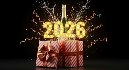 Celebratory year 2026 with gift box and champagne splash on black background