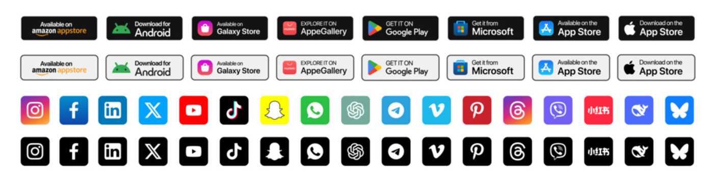 App Store & Google Play Badge Pack &mdash; includes App Store badges, Google Play badges, Galaxy Store, Amazon, Microsoft labels, plus social media icons for Instagram, Facebook, LinkedIn, TikTok, YouTube, 