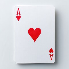 Obraz premium A close up studio shot of an Ace of Hearts playing card with a detailed texture on a clean white surface, emphasizing its red heart symbol and suit.