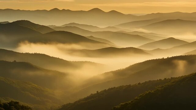 Golden haze settles over distant ridgelines, creating stacked silhouettes while soft wind moves thin mist along the slopes.