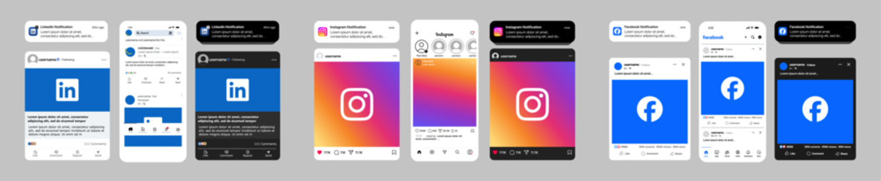 LinkedIn, Instagram & Facebook Mobile Mockup Pack &mdash; a clean LinkedIn, Instagram and Facebook style set featuring notifications, feed posts, light/dark layouts, and UI frames for creators