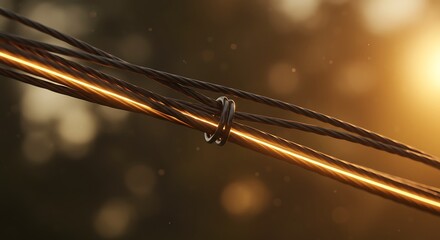 Close up of electrical wires against a blurred background with warm sunlight