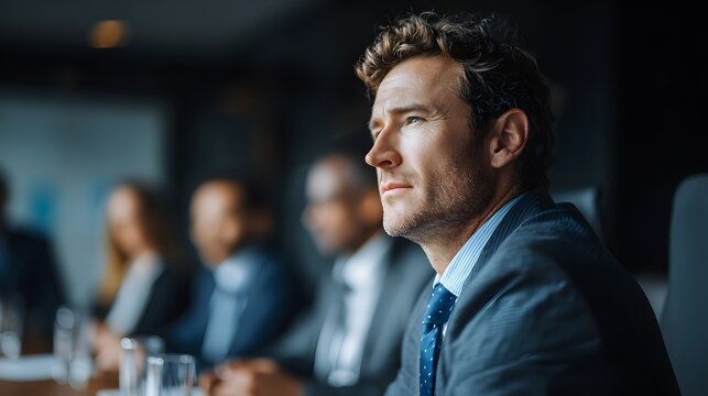 Portrait of a handsome and confident businessman listening during a corporate meeting in a modern office.
