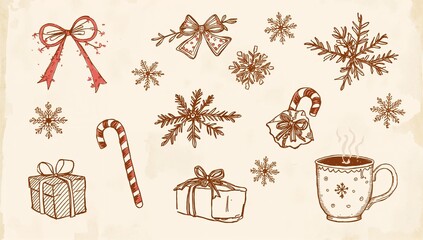 Playful doodle illustration with charming Christmas icons — bows, ornaments, mistletoe, candy canes, snowflakes, tiny gifts, and winter cocoa. Light pastel palette with vintage textures.
