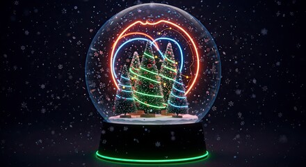 Christmas snow globe with trees and glowing heart shape against dark backdrop