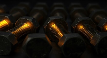 Close up view of golden metal bolts arranged studio lighting and copy space