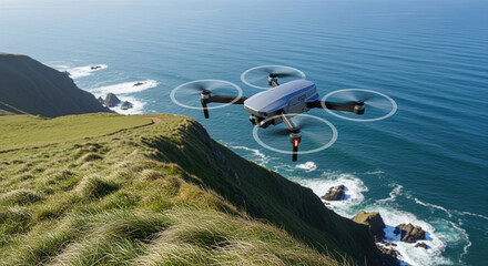 Modern grey quadcopter drone flying over green grassy cliff near blue ocean coast in summer