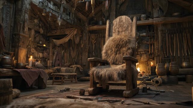 Ancient Viking Longhouse Interior with Wooden Throne and Rustic Decor