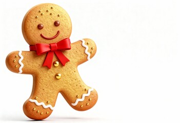 3D gingerbread man icon with festive ribbon and decoration isolated minimal holiday illustration