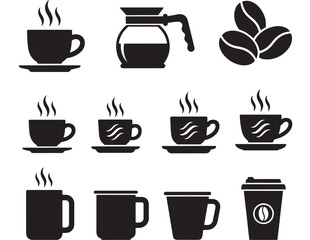 a collection of black coffee related icons including cups pot beans and to go containers on transparent background silhouette high quality professional