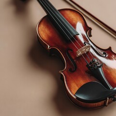 Obraz premium Close up of a polished wooden violin and its bow against a neutral textured surface with subtle lighting creating shadows and highlights.