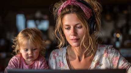 A single mother, wearing headphones, is working on a laptop at home. Her young daughter is by her side, also looking at the screen in a bright, warm atmosphere