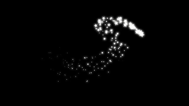 Shining magic light with white flying glitter particles, sparkling fairy dust, glowing twinkle stars, and a smooth glitter trail motion gracefully displayed on a black screen background in 4K