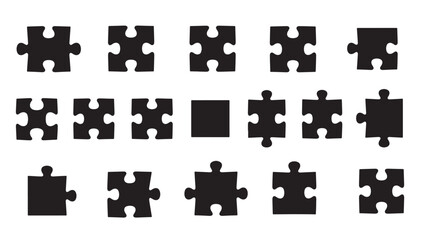 Naklejka premium a collection of black puzzle pieces in various shapes and sizes arranged randomly on transparent background silhouette high quality professional detailed modern