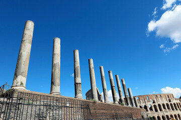 Row of surviving columns along the Via Sacra beside the Colosseum.