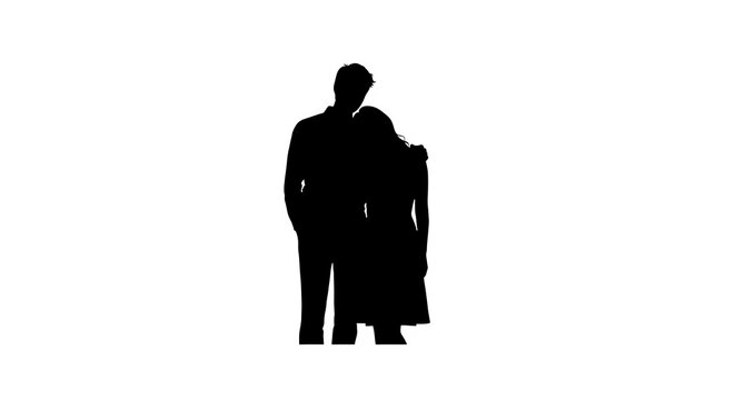 Silhouette of a couple standing close together, isolated on transparent background the man has his arm around the womans shoulder, and they appear to be in love and happy the image is simple and elega