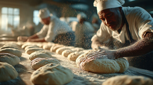 Several bakers are seen working together in a bright bakery kitchen, skillfully preparing and shaping dough. Flour dusts the air, illuminated by the warm light