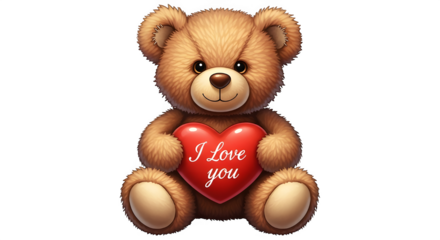 Adorable teddy bear holding a red heart with the words i love you isolated on transparent background, a perfect gift for valentines day, expressing love and affection with a cute plush toy