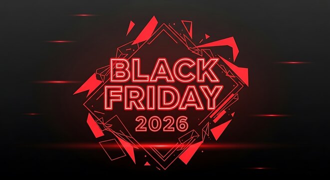 Get ready for Black Friday 2026 with vibrant red neon glow design, perfect for marketing promotions and social media sale announcements - Powered by Adobe