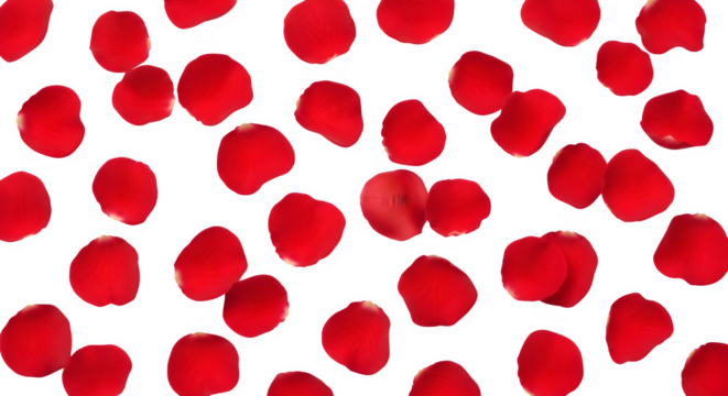 Scattered red rose petals isolated on transparent background create a romantic and delicate scene, perfect for expressing love, beauty, and celebration with their vibrant color and soft texture