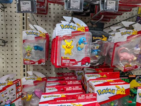 Canada, 11 October 2025 : Pokemon battle figure packs displayed on toy store shelf for sale
