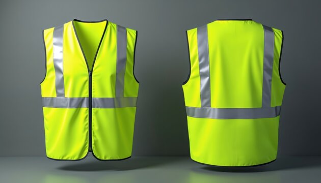Front, back view of fluorescent safety vest with reflective stripes. Illustration of workwear for road construction workers. Apparel for builders, traffic controllers. Personal protection equipment