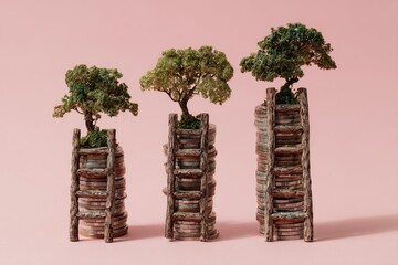 Three small bonsai trees growing on stacks of coins, a conceptual image of investment and growth